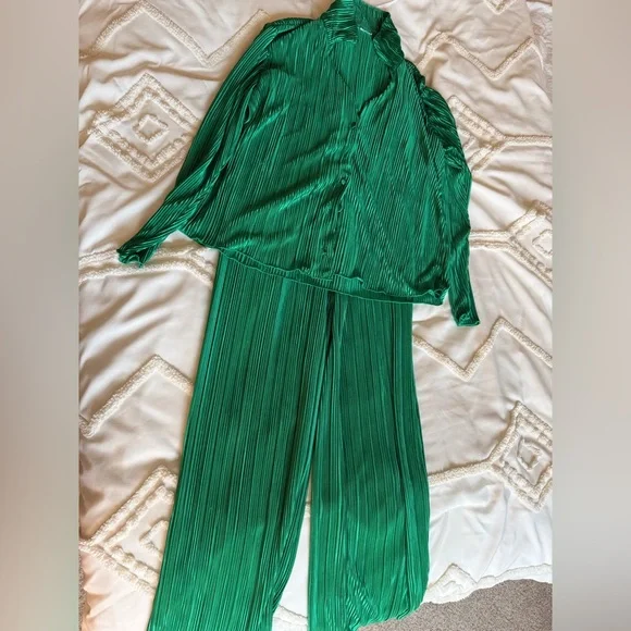 Elegant Green Women's Pleated Set - Picture 1 of 1